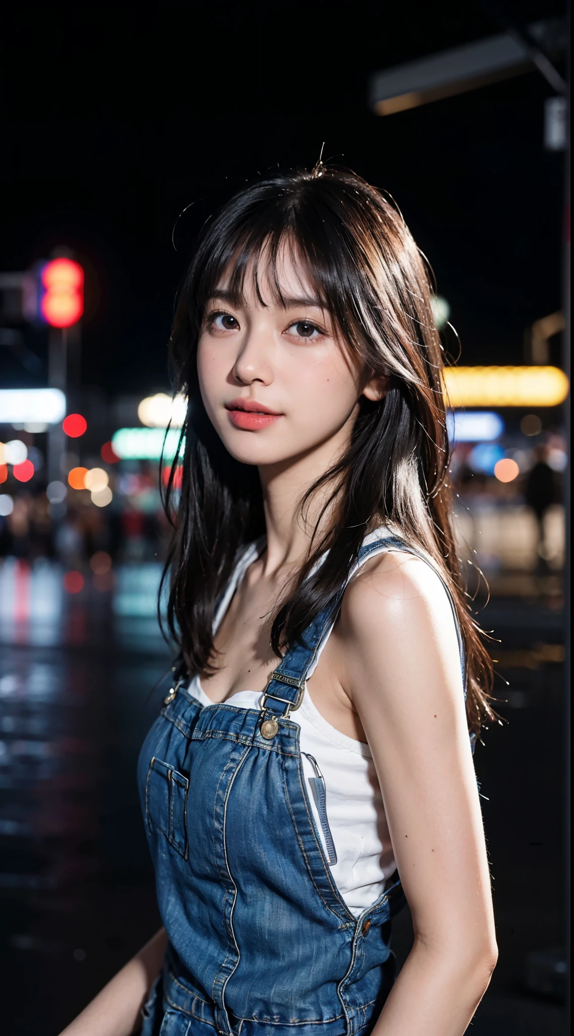 (8k, RAW Photos, Highest quality, masterpiece:1.2), Super detailed, Ultra-high resolution, (Realistic, photo Realistic:1.37), Portraiture, High-definition RAW color photos, Professional photos, Very delicate and beautiful, Very detailed, 8k wallpaper, wonderful, In detail, Large file size, Official Art, Very detailed CG unity 8k wallpaper, Very detailed beautiful girl, Very detailed face, Very detailed eyes, Very detailed skin, Very detailed fingers, Very detailed nose, Very detailed mouth, Perfect Anatomy, Very detailed背景, Very detailed clothing, One person, (1:1.2), , cute girl, Famous Japanese Idols, cute, (Small breasts:1.2), Realistic body, , Fair skin, Glowing Skin, Slender body, Good figure, Black Hair, Straight long hair, (Blunt bangs:1.2), smile, cute, young, cute face, Realistic face, Beautiful and detailed eyes, Droopy eyes, White T-shirt, Jeans Overalls, View your viewers, Cowboy Shot, Facing forward, (Selfie:1.2), Reaching out, Outdoor, (night:1.2), Neon City, Neon Light, Neon Signs, public, crowd, Dynamic Lighting,