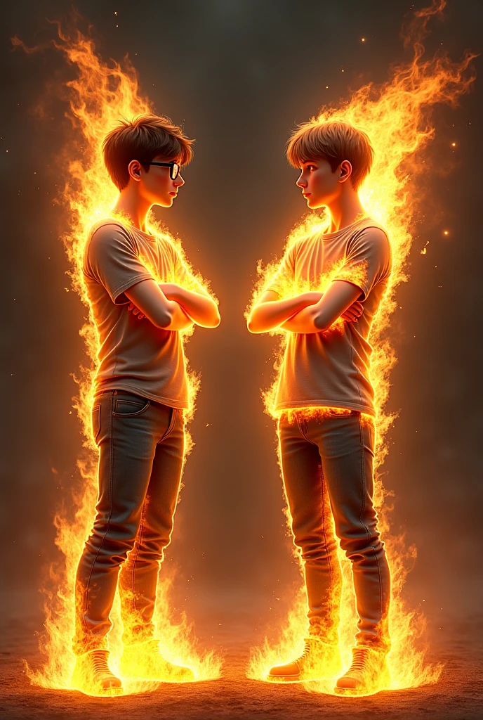 Create a picture of two teenagers who are completely covered in flames one boy has dark brown hair is 1 and wears black glasses the other is and has brown hair and no glasses they should look german and wear casual clothes they are standing in front of each other with their arms crossed
