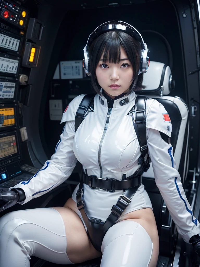 masterpiece, Highest quality, Very detailed, Japanese Android girl, Beautiful 2 Japanese woman, Plump,Slightly thicker,Control panel,Android,cyborg,Blunt bangs,Sitting in the cockpit and piloting,Silver bodysuit,Thick harness belt,Full-face helmet