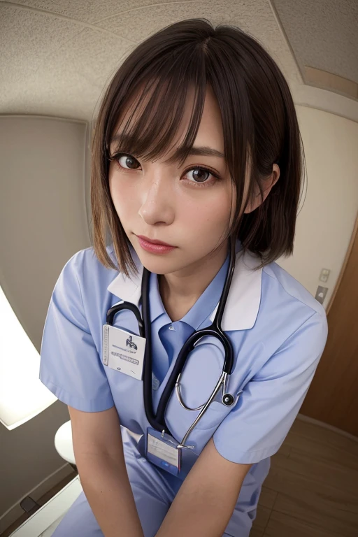 (8k, Highest quality, masterpiece:1.2), (Realistic, photo-Realistic:1.4), Very detailed, From below, Fisheye Lens, beautiful nurse looking into the viewer with her face close, Japanese, Hunchback, Nurse uniform, Name tag, Stethoscope, Hospital room