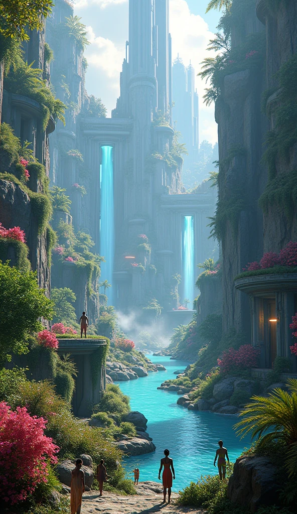 Create an image of the OIASIS from the book ready player one, from a good color perspective, to the game itself, How could they be waterfalls?.