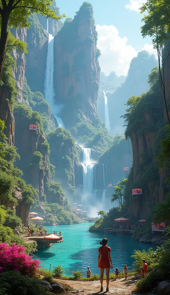 Create an image of the OIASIS from the book ready player one, from a good color perspective, to the game itself, How could they be waterfalls?.