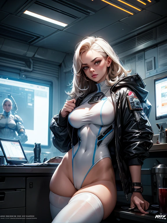 Lana Rhoades, 25 yo, Perfect Face, Perfect body, bodybuilder, udders, White Swinsuit armored cyberpunk, Pretty Features, Spaceship Interior, Wadim Kashin, James Gurney, INK, Splash Art", Royo, Sharp Focus, Emitting Diodes, Smoke, Artillery, Sparks, Racks, SYSTEM Unit, Motherboard, by Pascal Blanche Rutkowski Repin Artstation Hyperrealism Painting Concept ART of Detailed Character Design Matte Painting, 4K Resolution Blade Runner, Mysterious