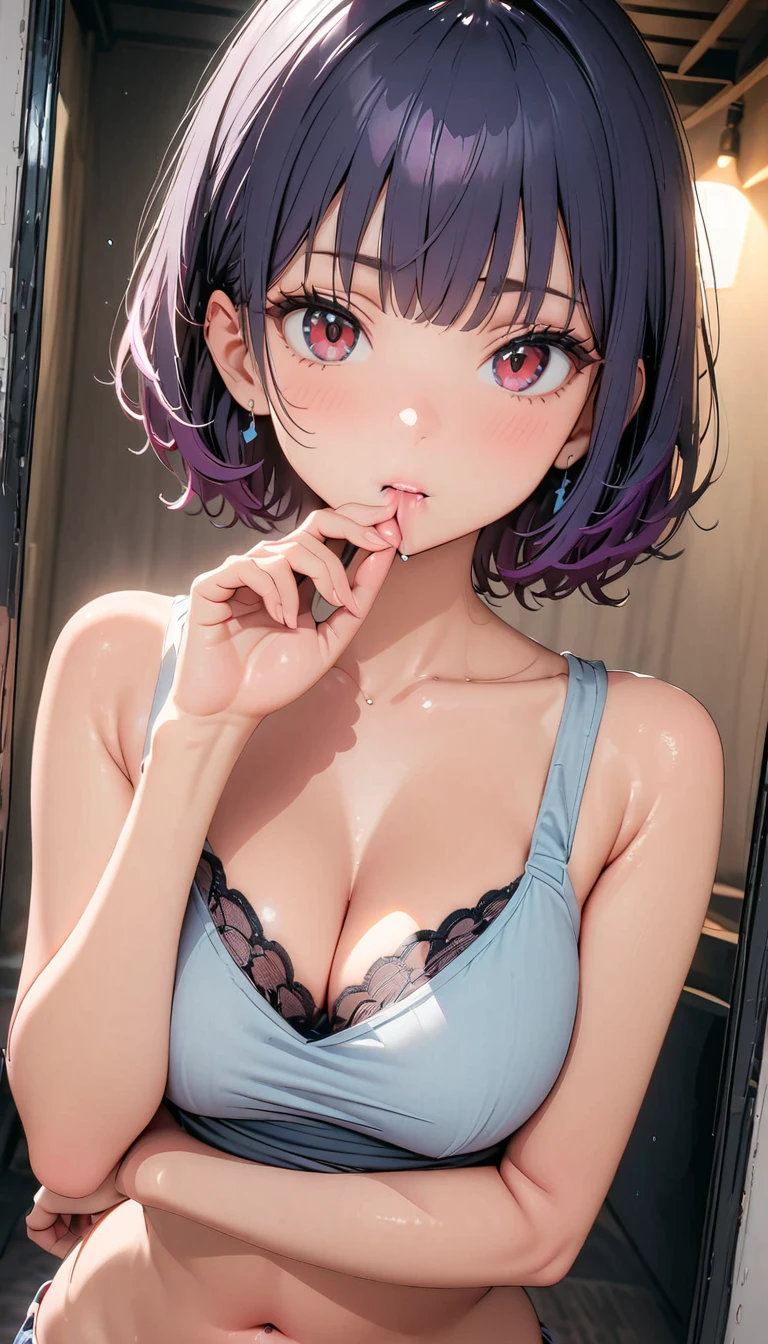 RAW Photos, , ((Highest quality, 8k, masterpiece:1.3)), Sharp focus on people: 1.2, Blur the background:1.1,Giving a blowjob;1.5 , Cool look, The upper body is pink and has a lace pattern tank top.,The lower half is naked, Black, thin pubic hair, Female genitals in full view,Beautiful woman:1.4, Blue Hair,(tied hair), (In a dark hotel room: 1.4), , Highly detailed face and skin texture, fine grain, double eyelid. blunt bangs, short hair, Red eyes,A pleasant expression,small tits,