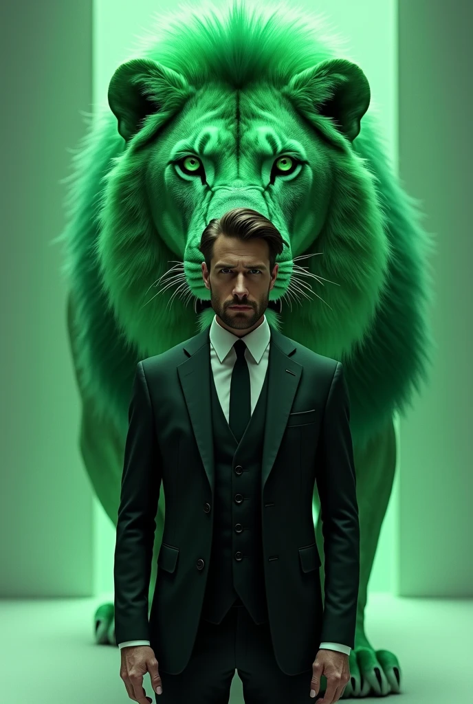 He is wearing a formal suit and in front of him is a green lion looking at the camera.