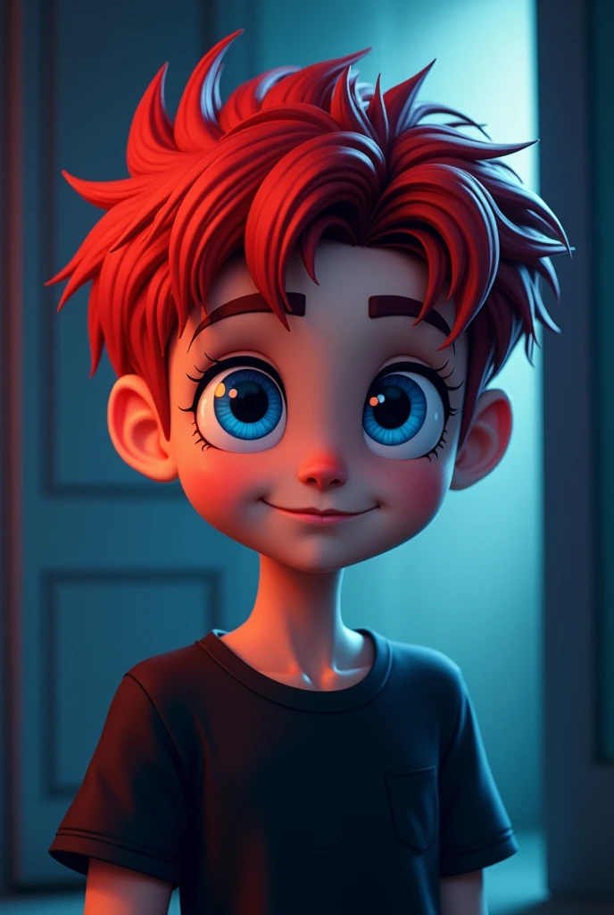 One with blue eyes and red hair in a black shirt, cartoon style and fnaf style