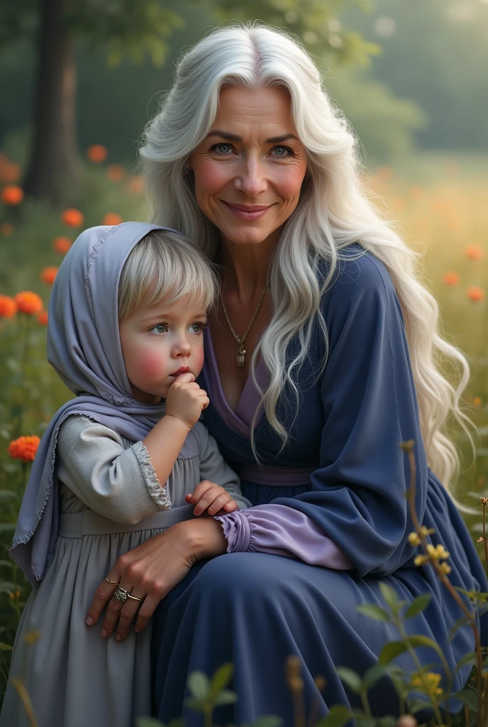 Realistic photo of woman with long white hair, from age to 45 years,wearing a dark blue and lilac long-sleeved flowing dress,wearing a headscarf covering her hair smiling next to a shy sucking her thumb