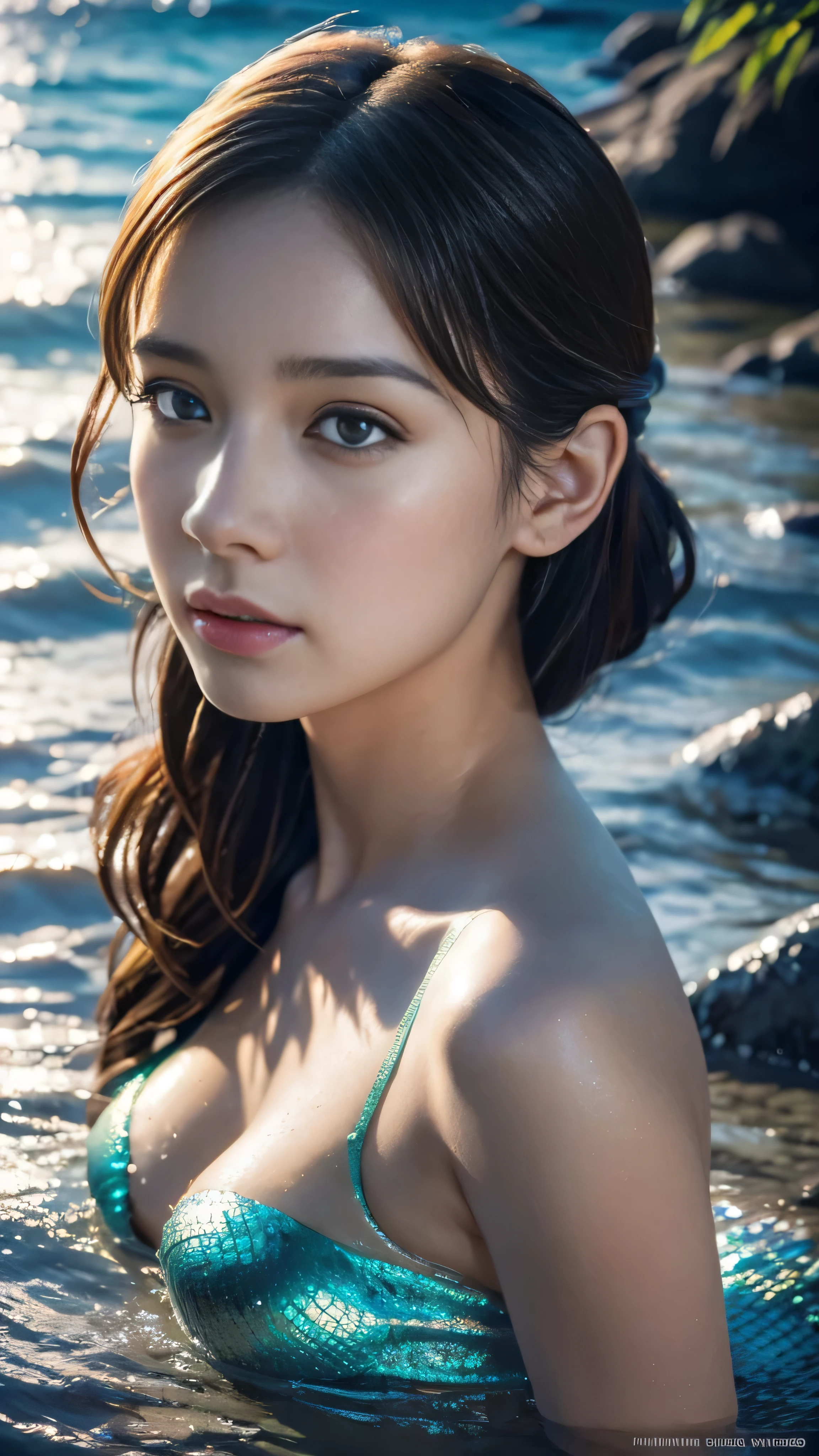 A potrait of elizatkn as a mermaid , realistic shaded, fine details. Night setting. Very anime style. Realistic shaded lighting poster by Ilya Kuvshinov katsuhiro, magali villeneuve, artgerm, Jeremy Lipkin and Michael Garmash, Rob Rey and Kentar Miura style, trending on art station