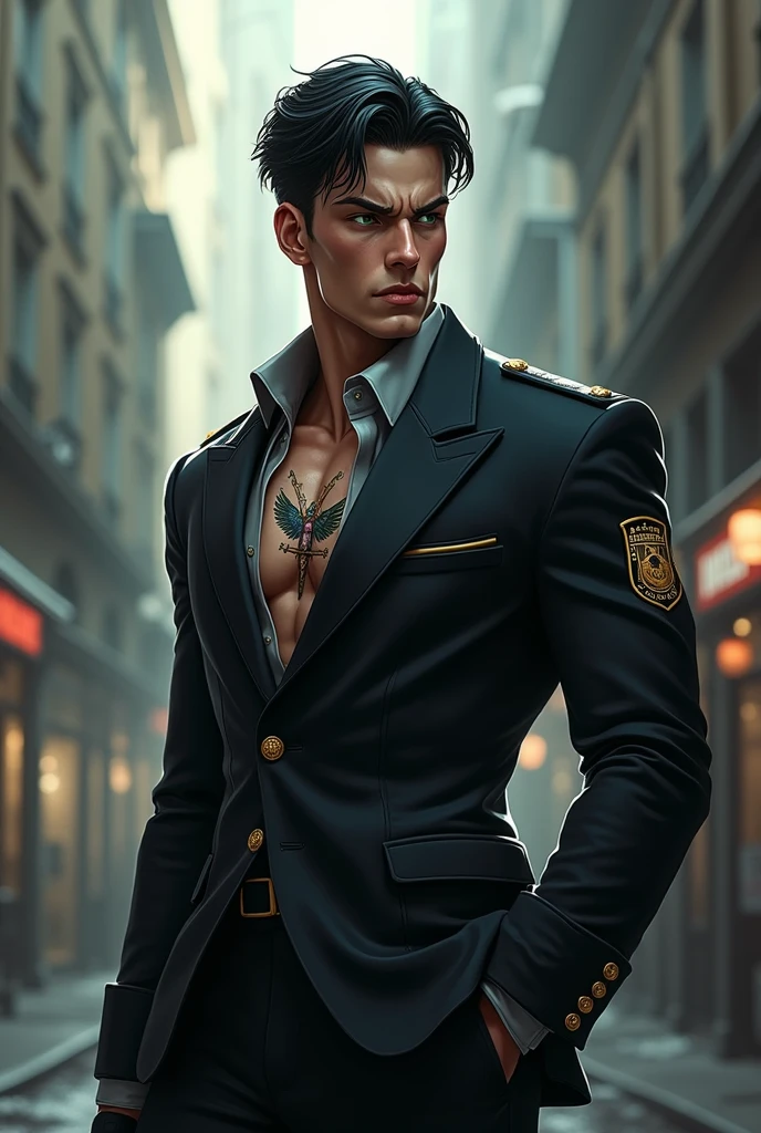 Create a mystery police man, de 1,90 meters, strong and slender, like an MMA fighter, with short black hair, upset, deep dark green eyes, with a tattoo on the side of the chest, of an angel with a sword