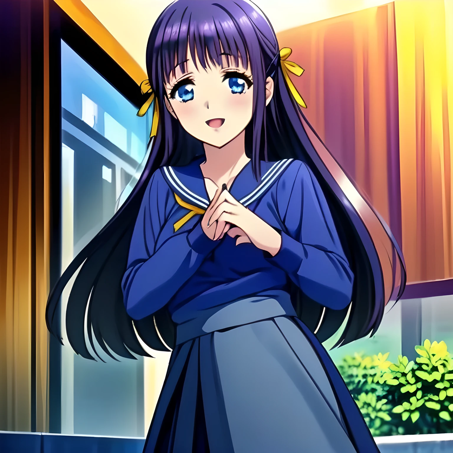 highest quality, (masterpiece:1.2), (A very intelligent heroine, Very detailed intelligent 15yo heroine portrait of game CG, Beautifully and artistically painted as cover of girl's magazine: 1.6), (The girl is turning around quickly and looking at me with adult smile as if she is a too beautiful goddess: 1.6), (Girl whom everyone loves because of her beauty and lovely fashion and intelligence and noble manner. A refined and elegant look like a beautiful secretary : 1.4), (In fact she is a very intelligent succubus, trying to charm, enslave and absorb me with deeply thought out intelligent strategy!: 1.0), (Very beautiful, wavy, cutely shining super-super-long blue hair, with elegant hair ribbons with very good smell of female pheromones: 1.4), (Laughing very beautiful and intelligent sapphire-blue intelligent eyes with very long eyelashes which charms and enslave me inevitably, with detailed very well: 1.8), (The elegant, slightly open mouth and glossy wet lips of an anime heroine: 1.0), (Gothic, noble, fully dark navy blue, neat sailor-styled gothic blue school uniform, fully dark navy blue blouse, and widely spread neat elegant dark dark-navy-blue pleated skirt, with a big yellow noble ribbon on the chest: 1.6), (Large but well figured breast: 1.0), (She is touching the viewer with her beautiful fingers, absorbing everything from me just now: 2.0)