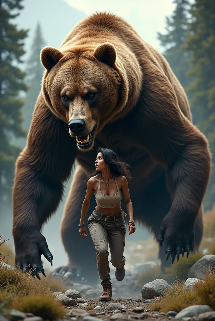 A busty sexy woman fighting a bear , hyperrealistic, masterpiece, best quality, masutaapiisu,