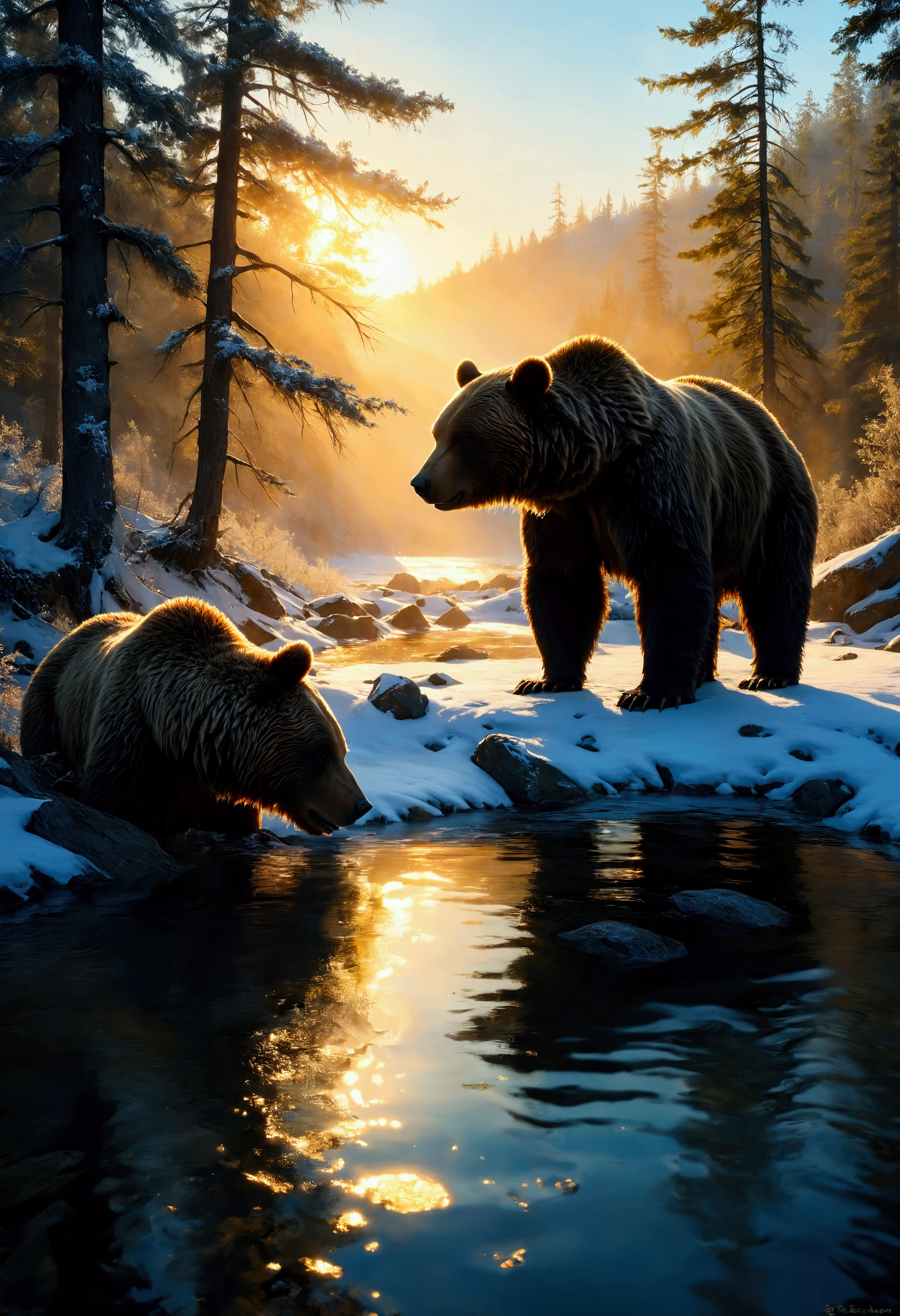 "Create an award-winning, masterpiece painting of a tranquil wild landscape at golden hour, with a majestic brown bear as the central focus. The soft glow of sunrise or sunset casts a gentle warmth over the scene, with long, contrasting shadows against the cooler tones of the environment. Subtle blue hues in the shadows and reflections add depth, enhancing the serene yet vibrant atmosphere.
The brown bear stands prominently in the foreground, its powerful form illuminated by the warm light, showcasing its fur in rich detail. The bear’s presence dominates the scene, embodying the quiet strength and beauty of the wilderness. Surrounding the bear, natural elements like snow-dusted evergreen trees, colorful rocks, and a partially frozen stream with flowing water add texture and contrast to the landscape.
The sky should be a rich gradient of pinks, purples, oranges, and blues, reflecting on the snow and ice to enhance the visual interest. The bear’s reflection in the water, if present, should be clear and dynamic, reinforcing its central role in the composition. The scene captures the majestic presence of the brown bear within the peaceful beauty of the landscape, creating a captivating and immersive masterpiece that evokes a deep connection with nature."
