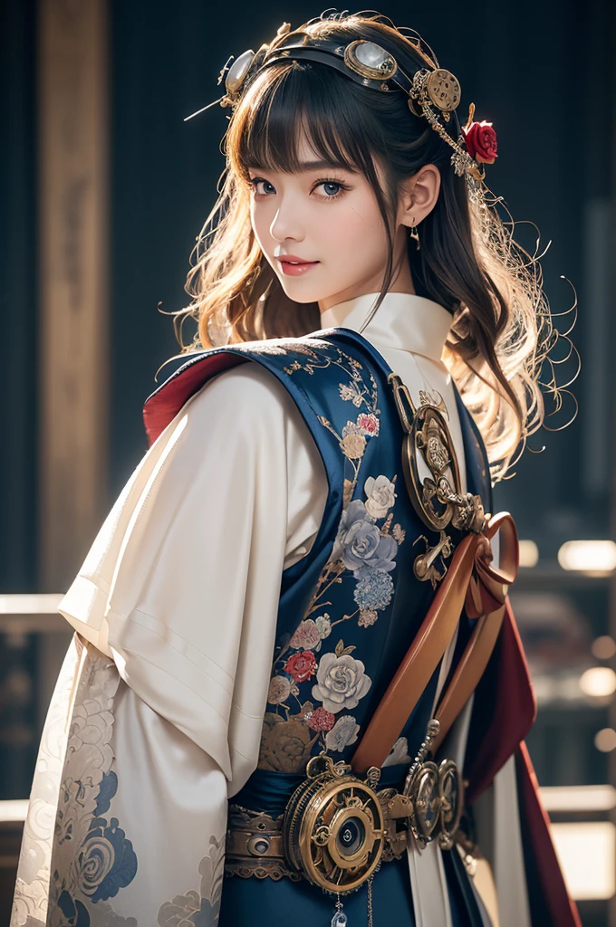 Woman portrait、Highest quality、Rear view、8k, clear, Fine skin、Clear, beautiful eyes、The beauty of a smile、Bright beautiful face、whole body、Curly Hair、My hair was messed up by the wind、(Big Breasts、Muscular、tall),(Hip_superior, Hip superior), Beauty,( Watching the audience),Realistic, High resolution, Soft Light,1 female, One person,blonde hair,Long Hair,bangs,Fine Skin, Naughty look,((Steampunk kimono,Damask rose,Mature Woman,white dress shirt)),steampunk style、Costumes decorated with lots of gear and watches,(Silver and blue stripes,Sailor-style armor with collar)、Beautiful Steampunk Guild Staff Costume Banker Uniform,(Silver and blue mech,銀のスチームパンクの銀のSteampunk kimono, High-tech Mecha,Beads,elbow gloves、Gemstone Helmet,Luxurious obi,Lavish decoration)、((arms behind back)),(bokeh),(studio lighting)