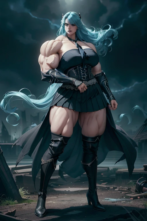 ((((Massive, tall, beautiful, buff, muscular pale white skinned woman mage with cyan hair, black lipstick, ginormous bulky muscles, holding a cyan mage staff and wearing a beautiful hooded black enchanted robe with gothic armor and long beautiful skirt)))), ((close view)), massive muscles, massive biceps, hyper muscle shoulders, hyper muscle triceps, (long beachy hair), purple eyes, (wearing an extremely intricate robes, magical robes), mage boots, beautiful skirt, smirk, black gauntlets, (in a misty Mystical forest with bats), evening, Vascular arms, hyper vascular arm, hyper muscles arms, hyper muscle legs, massive arms.