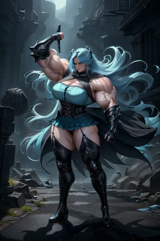 (((Massive tall, beautiful, buff, pale skinned skinned muscular woman with cyan hair, black lipstick, ginormous bulky muscles, winds blowing and wearing a cyan pleated shirt with beautiful long pleated skirt))), ((close view)), massive muscles, long straight hair, purple eyes, choker, ((cyan pleated shirt and tie)), neck tie, ((beautiful long pleated skirt)), belt, thigh high socks, black boots, (Dark and moody universe:1.3), (in front of a disaster), closed smile, night, massive arms