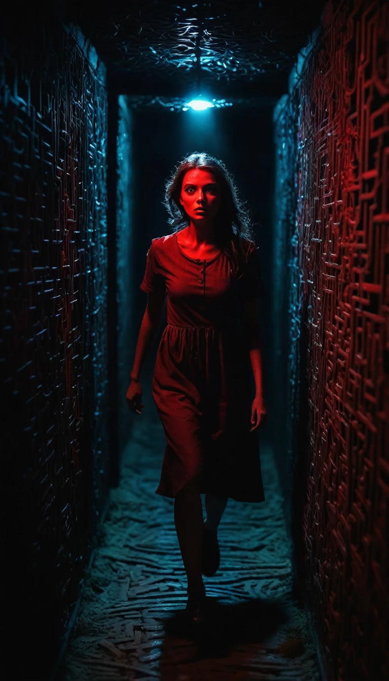 A runs through a dark, gloomy maze, her eyes glowing red, her face frightened. Strange creatures lurk in the shadows. Dark fiction, eerie atmosphere, dynamic poses