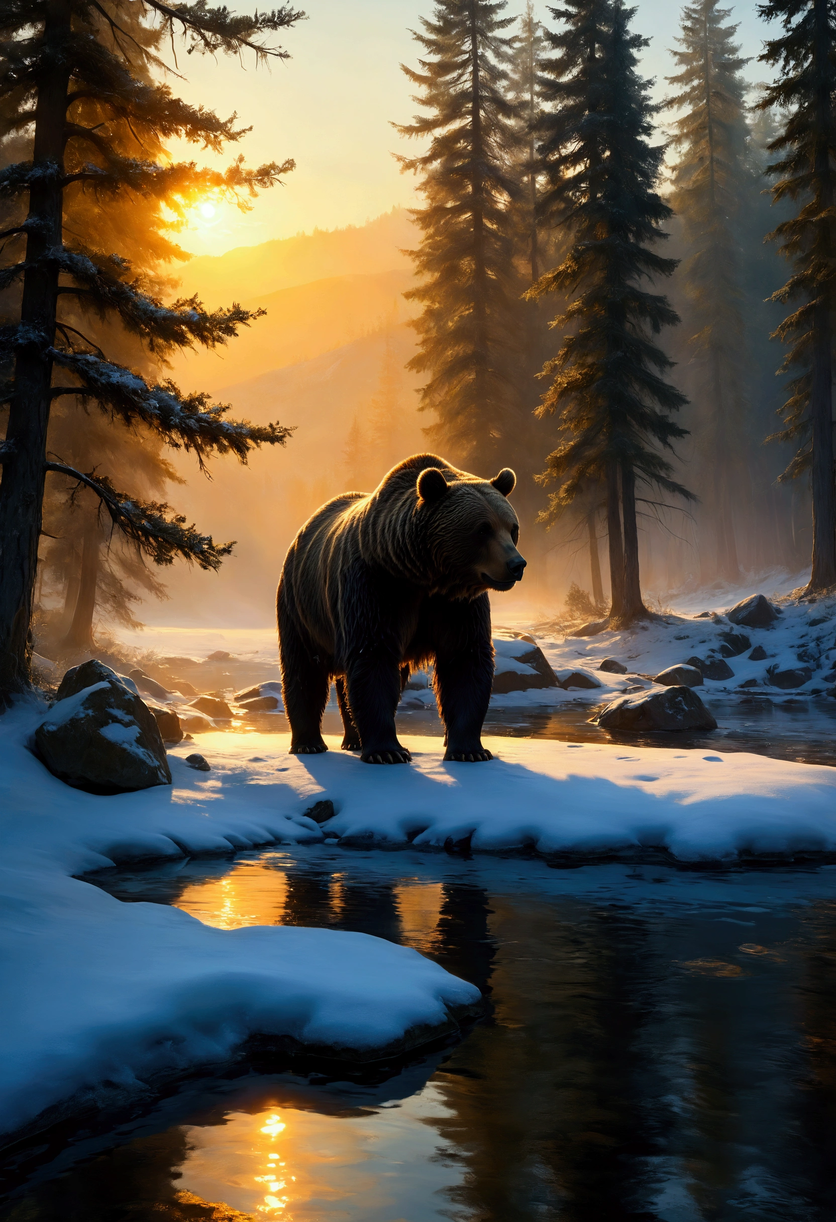 "Create an award-winning, masterpiece painting of a tranquil wild landscape at golden hour, with a majestic brown bear as the central focus. The soft glow of sunrise or sunset casts a gentle warmth over the scene, with long, contrasting shadows against the cooler tones of the environment. Subtle blue hues in the shadows and reflections add depth, enhancing the serene yet vibrant atmosphere.

The brown bear stands prominently in the foreground, its powerful form illuminated by the warm light, showcasing its fur in rich detail. The bear’s presence dominates the scene, embodying the quiet strength and beauty of the wilderness. Surrounding the bear, natural elements like snow-dusted evergreen trees, colorful rocks, and a partially frozen stream with flowing water add texture and contrast to the landscape.

The sky should be a rich gradient of pinks, purples, oranges, and blues, reflecting on the snow and ice to enhance the visual interest. The bear’s reflection in the water, if present, should be clear and dynamic, reinforcing its central role in the composition. The scene captures the majestic presence of the brown bear within the peaceful beauty of the landscape, creating a captivating and immersive masterpiece that evokes a deep connection with nature."