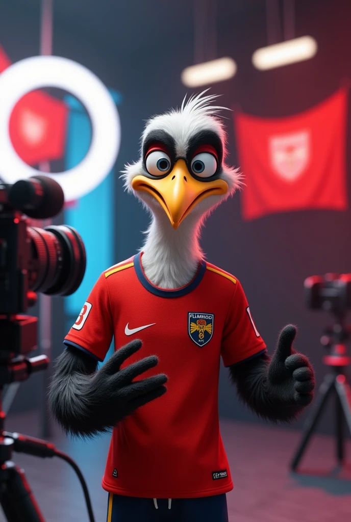 An animation of a young vulture YouTuber with an animated and charismatic expression, wearing a Flamengo shirt. He is in a modern YouTuber studio, with a camera on the front and a ring light on the side, recording a vlog. The studio has touches of red and black, the colors of Flamengo, and maybe even a team banner on the wall in the background. The vulture may be holding a microphone or making a gesture. "like" as a handle.