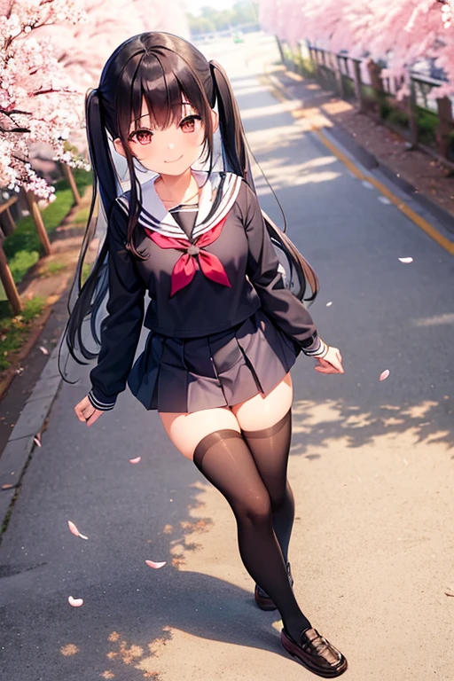 a girl, full body, black hair, twin tail, sailor school uniform, over-knee socks, loafers, from below, knee up, smile, cherry blossom trees