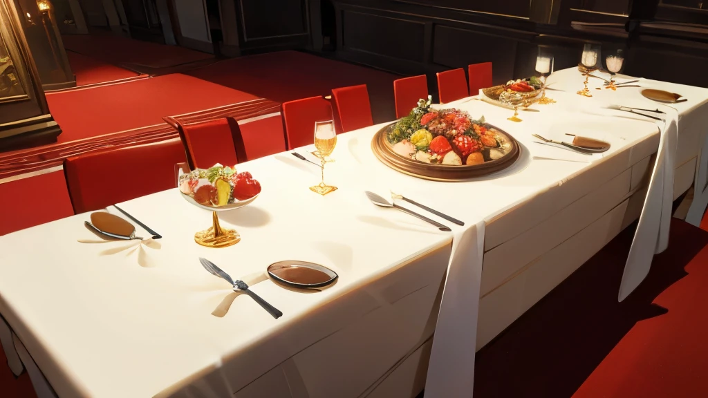 Long dining table, red carpet, food all over the table