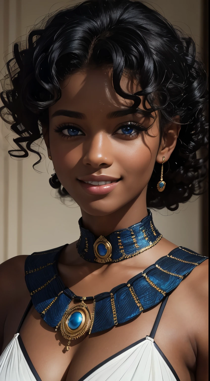 *8K masterpiece, Highest quality, Official Art, (Beauty and aesthetics: 1.3), Very detailed, realistic, Realism, photoRealism, photo-realistic, high contrast, (photorealistic:1.4), (perfect female figure), 8k high definition detailed realistic, (best quality, masterpiece:1.2), best quality, highly detailed, 1woman, looking at the viewer, upper body, from front,hairs between eyes, curly hair, blue eyes, black hair, black skin, british indian, a female, smile, balanced body,