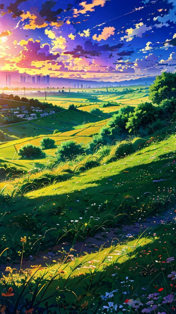kids flying kites in the evening, detailed clouds, field, cows grazing, flowers, houses at distance, fences