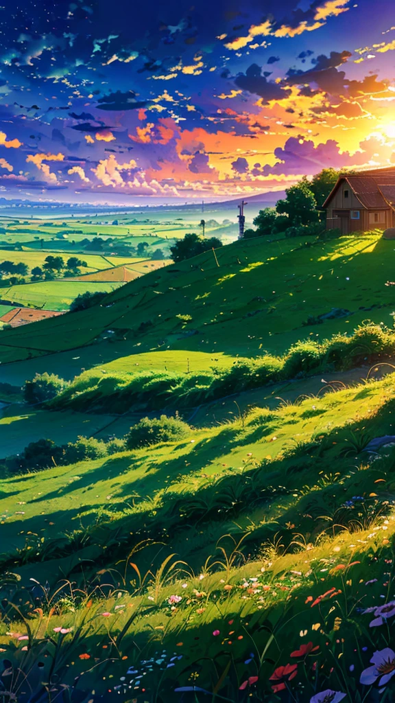 kids flying kites in the evening, detailed clouds, field, cows grazing, flowers, houses at distance, fences
