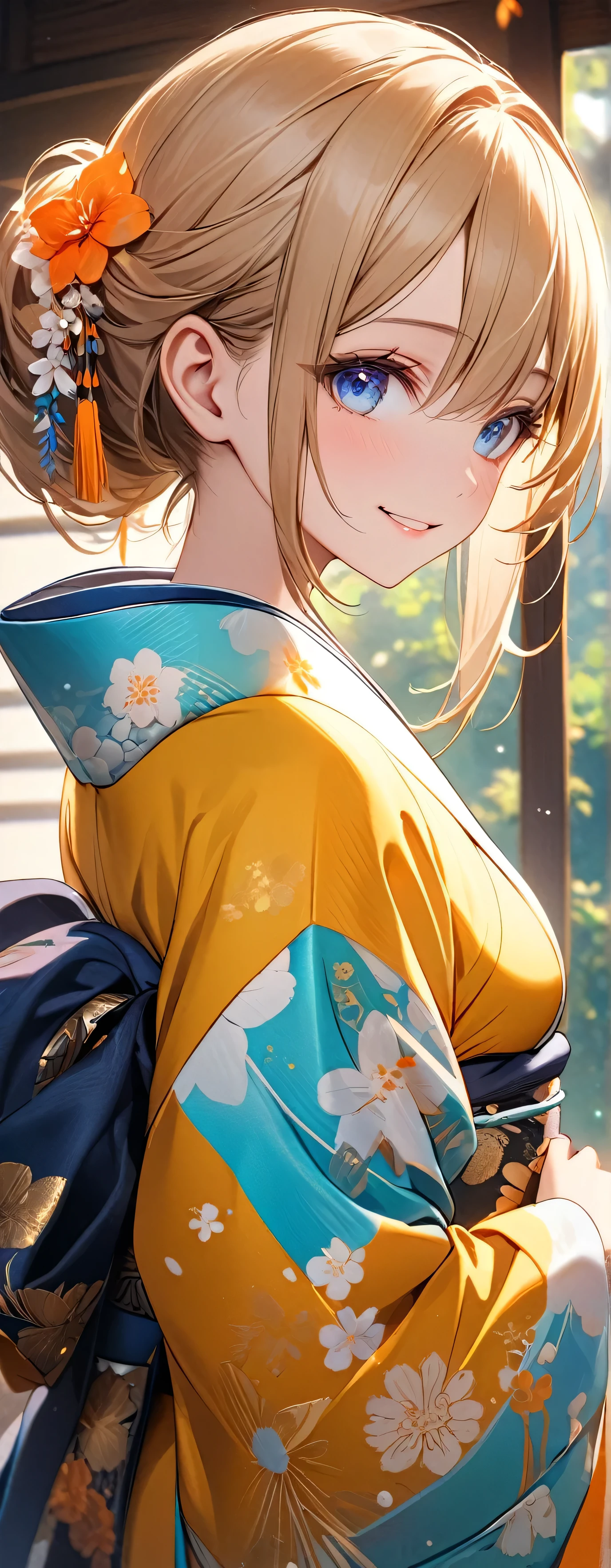(beautiful girl: 1.3),1girl,masterpiece, Highest quality, Ultra-high resolution,Rich contrast,super high quality,8k,Highly detailed CG unit wallpaper,texture,Unbelievably absurd,Ultra-high resolution,RAW Photos,Depth of Field 1.2,(Beautiful and detailed kimono),smile,Light blue eyes,Very fine eye,bigeyes,Droopy eyes,White skin,blonde,Long Hair,moon between the clouds,stardust,,mystic glow,phantom moon,(from behind:1.8), (Gazing-into-the-Distance:1.3),(Looking Up 1.3),Veranda,wariza,She is gazing at the moon