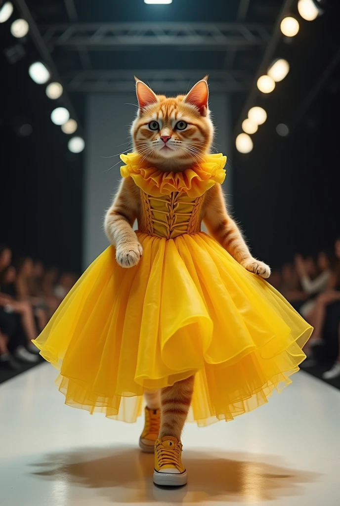 (photorealism:1.2), cute ginger cat, yellow ballgown with sneakers, walking on the runway