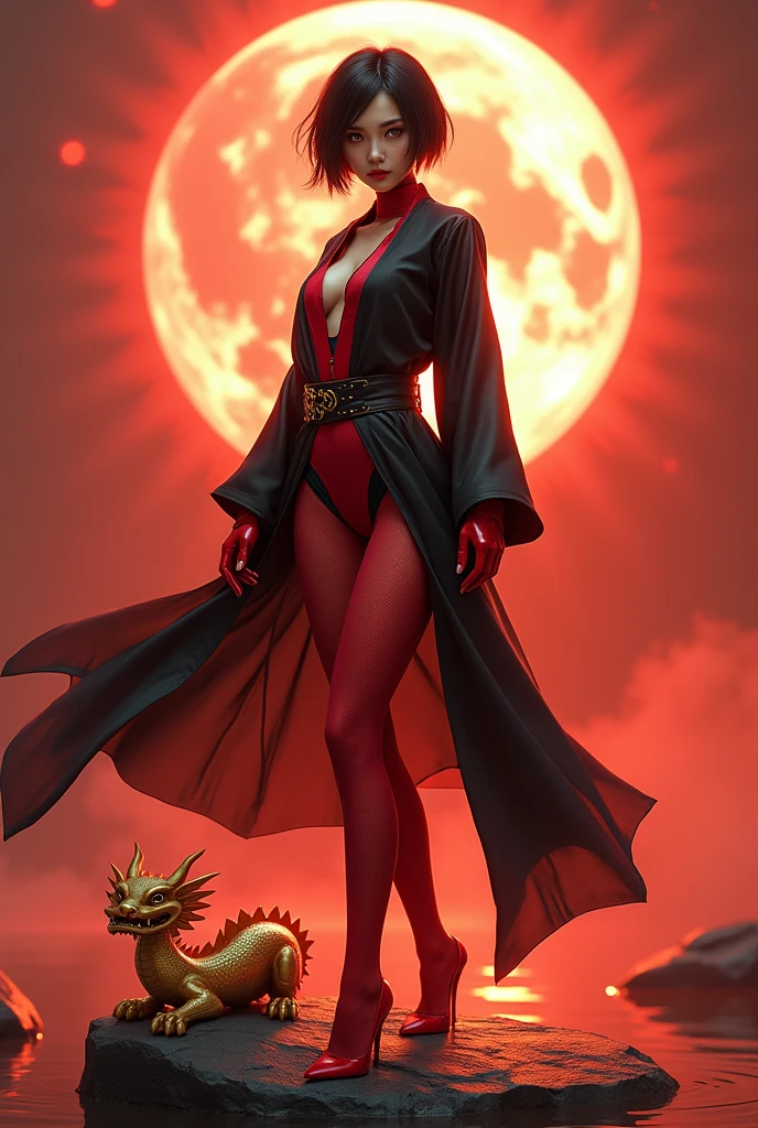 Top quality materials,The details are obvious,best quality,Global Illumination,Highest skin texture,Top quality materials,The details are obvious,best quality,Global Illumination,Highest skin texture,Black Object(1.8),Red light(0.8)、Mecha girl(2.0) Looking at the audience:(0.8),Black short hair(0.8)、Chinese red skin、Eyes glowing with gold、Golden-glowing eyes(2.0)detailed、Slim waist and buttocks、Huge Breasts,Exaggerated body proportions,Black loose-fitting robe:(1.8),Slim waist with abdominal muscles:(1.3)、The whole body is wrapped in red nano tights(1.7)、High-tech clothing:(1.3)、She is great,Look up to her,Standing on a round rockery(1.8),There is a small golden Chinese dragon at the feet:(0.8)、Backlight、Backlight、Look down at the camera、Very detailed、Smooth、Clear focus、8k、 high resolution、illustration、Art work。