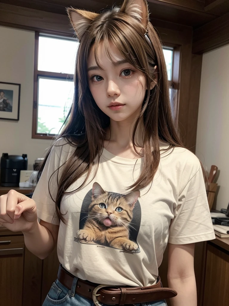 One person, chest, 大きなchest, , t shirt long hair, Brown Hair, belt、Cat ear, 