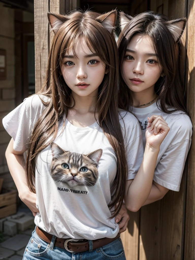 One person, chest, 大きなchest, , t shirt long hair, Brown Hair, belt、Cat ear, 