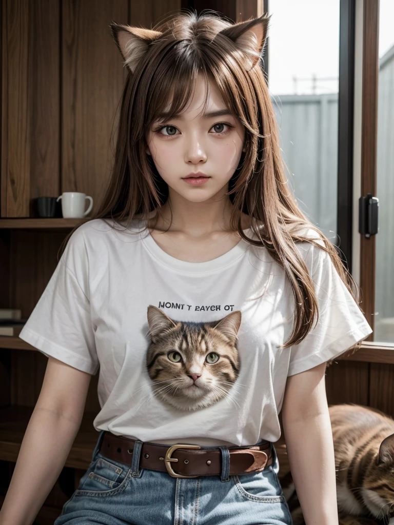 One person, chest, 大きなchest, , t shirt long hair, Brown Hair, belt、Cat ear, 