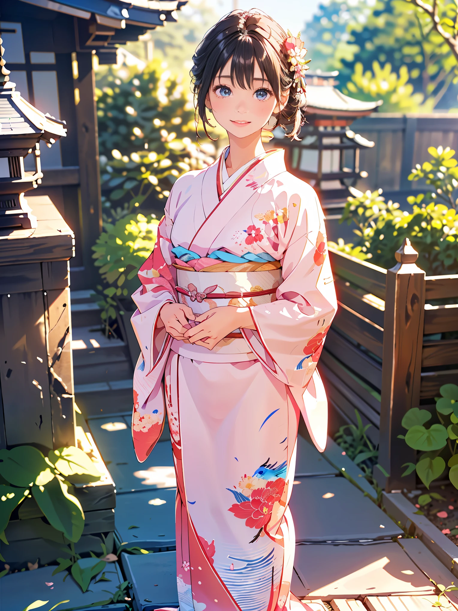 white kimono、pink Japanese pattern、(Furisode:1.5)、or、(top grade)、1 woman、、Full body Esbian、black haired、tie hair back、(realistic:1.7)、((best image quality))、absurd、(超A high resolution)、(Photoreal:1.6)、Photoreal、octane rendering、(超realistic:1.2)、(realistic face:1.2)、(8k)、(4k)、(masterpiece)、(realistic skin texture)、(enlightenment、movie lighting、wall-)、(beautiful eyes:1.2)、((((perfect face))))、(Cute face like an idol:1.2)、( Are standing)、shrine、Bird ready、(January)、detailed cute face、real beauty、laughter、