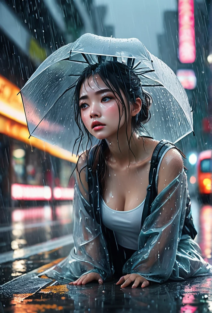 (Masterpiece at maximum 16K resolution: 1.6), (intricate details: 1.4), (extremely insane details: 1.4), (highest quality: 1.3), (hyper_realistic: 1.3 ). Japanese cute Woman looking at the sky, deep emotions, tears running down her face, soft raindrops, fresh vegetation, shiny wet pavement, expressive eyes, pensive expression, sadness, delicate features, long flowing hair, wet clothes, ethereal atmosphere, misty atmosphere , moody lighting, dramatic composition, subtle shadows, emotional charge, melancholic atmosphere, vibrant colors, soft color palette, rainy day aesthetic, raw beauty, moving moment, captivating composition, pain and vulnerability, contrast of beauty and sadness, drops of rain tracing eyelashes and cheeks, loneliness in the crowd, defining moment in your life, hope lingering in your eyes. , (((More_Details))).