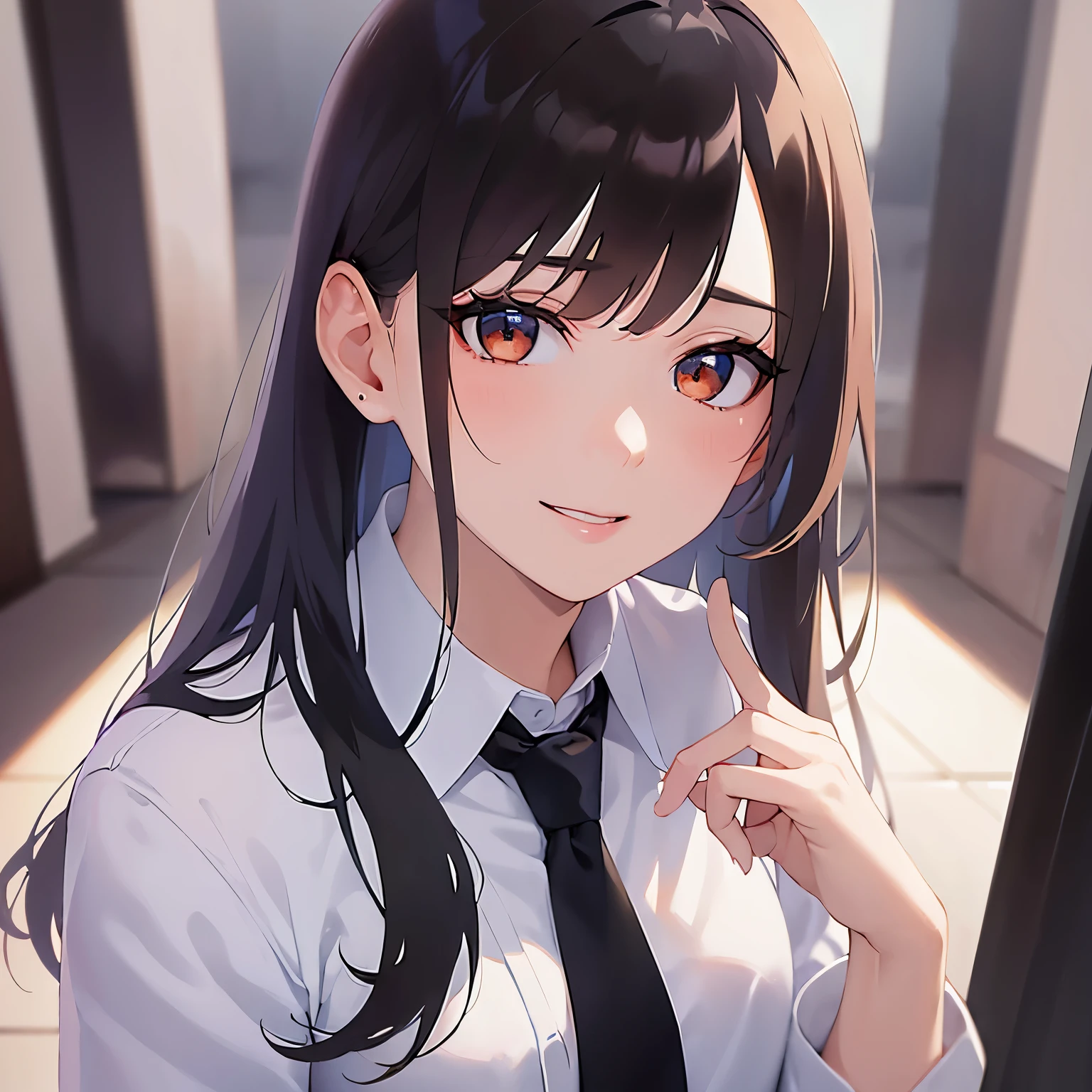 (looking at viewer:1.5)Upper Body, Looking up、Hands on ears、
Realistic, real person, (pale skin: 1.2), RAW photo, photorealistic, shiny skin, shiny hair、(A 2 woman with medium-length hair and bangs) and (wavy hair) and (brown hair) and (orange eyes) ,
(Wearing a business suit:1.5) and (Wearing a white collared shirt)、
Cleavage、(blush:1.5),smile,The background is the conference room、(alone:1.5)