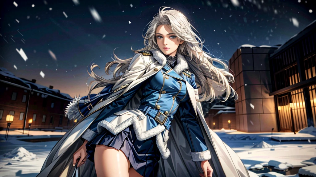 (highest resolution, distinct_image), realistic, Best quality, single person, one girl, solo, masterpiece, highly detailed, realistic, long hair, braided white blond hair, (blue military uniform underneath the coat), depth of field, (falling snow), ((big breasts)), authoritative, dignified, calm and powerful expression, ambient lighting, exquisite facial feature, (fur-trimmed white coat), open coat, short skirt, looking at viewer, head to waist, dynamic angle, light smile, ((from front)), full body, (((quiet and spacious plaza in background)))