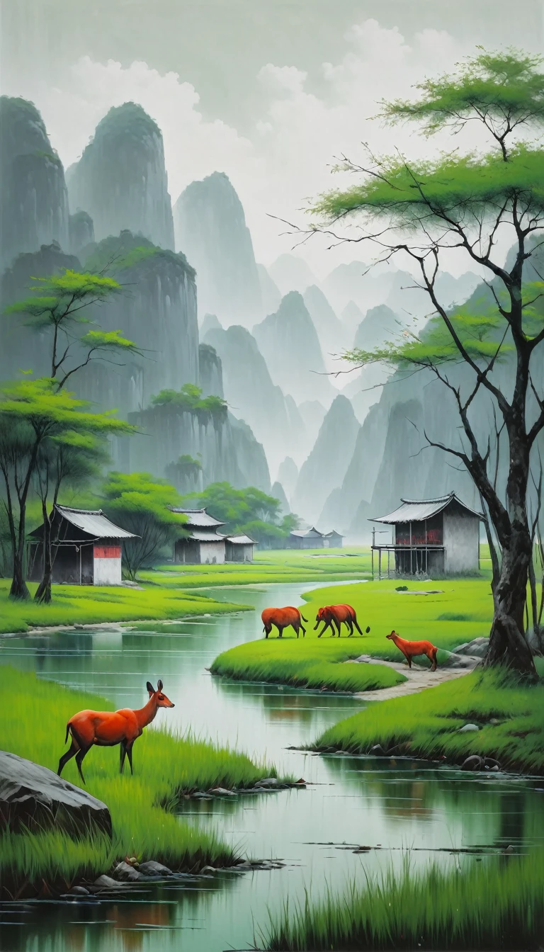 artist by Zhang Xiaogang,inside the village,wild animals,light tones,(smooth strokes),fine sketches,Vivid,Moody,Landscapes,Fantasy,Dark,landscape oil painting, red and green colors