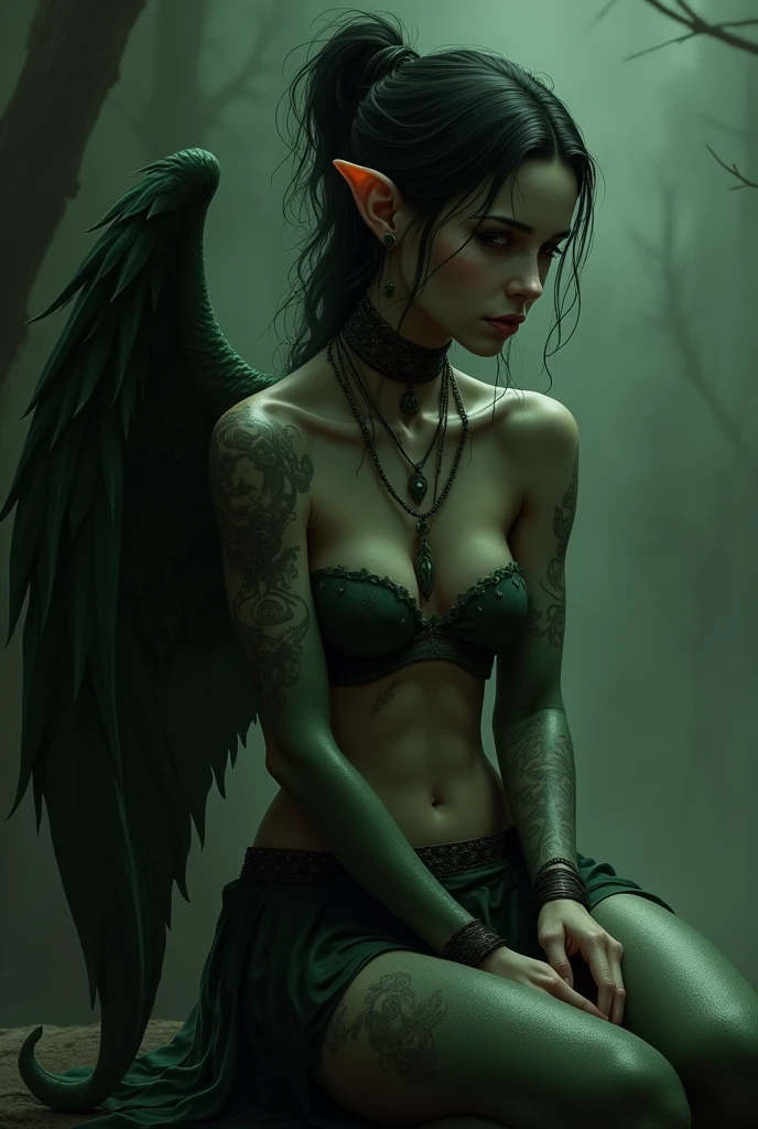 Sad looking dark green female elf wings, piercings on the ears and tattoos on the body with no clothes on in sitting position Side viewing camera angle with dark background and desktop screen size. She should not be facing the camera and good body shape and no nipples just average chest size.