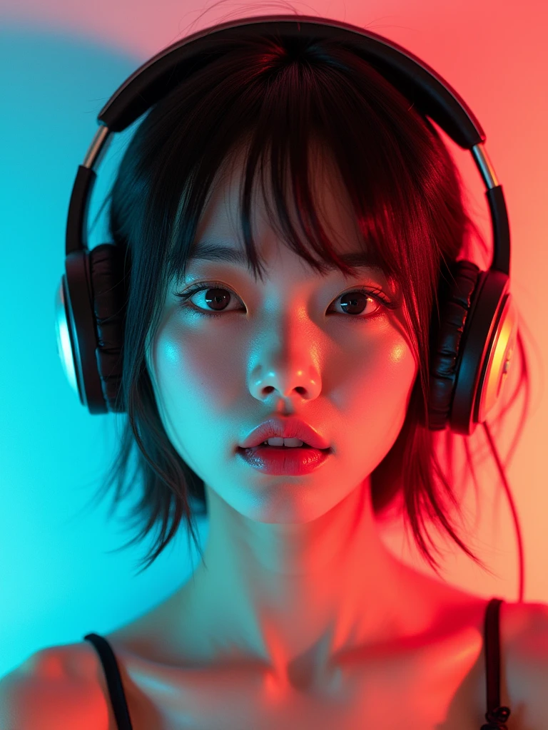 real photograph, (masterpiece), (highest quality), (Super detailed), (messy hair), (shape), (one japanese girl), (chiffon frill bikini), wireless headphone, sitting down, Fashion Model, (simple cyaan pink red background), fine and beautiful eyes, pretty faced,  floating, (high color saturation),  focus on face, black bob cut hair, floating Hairs, (shining), best shadow,