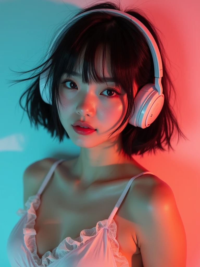 real photograph, (masterpiece), (highest quality), (Super detailed), (messy hair), (shape), (one japanese girl), (chiffon frill bikini), wireless headphone, sitting down, Fashion Model, (simple cyaan pink red background), fine and beautiful eyes, pretty faced,  floating, (high color saturation),  focus on face, black bob cut hair, floating Hairs, (shining), best shadow,