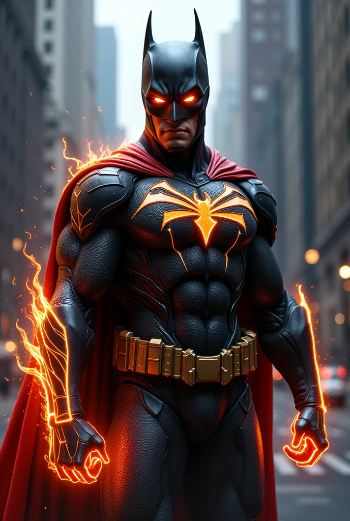 batman with flame armor fuse with spiderman green suit

