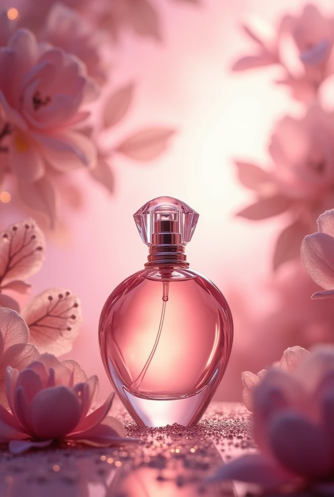 Create me a poster of a beautiful , dreamy , attractive and eye catching perfume bottle without name on it for launching new perfume in the market. The background needs to be muave pink and muave floral which expresses a intense yet girly scent