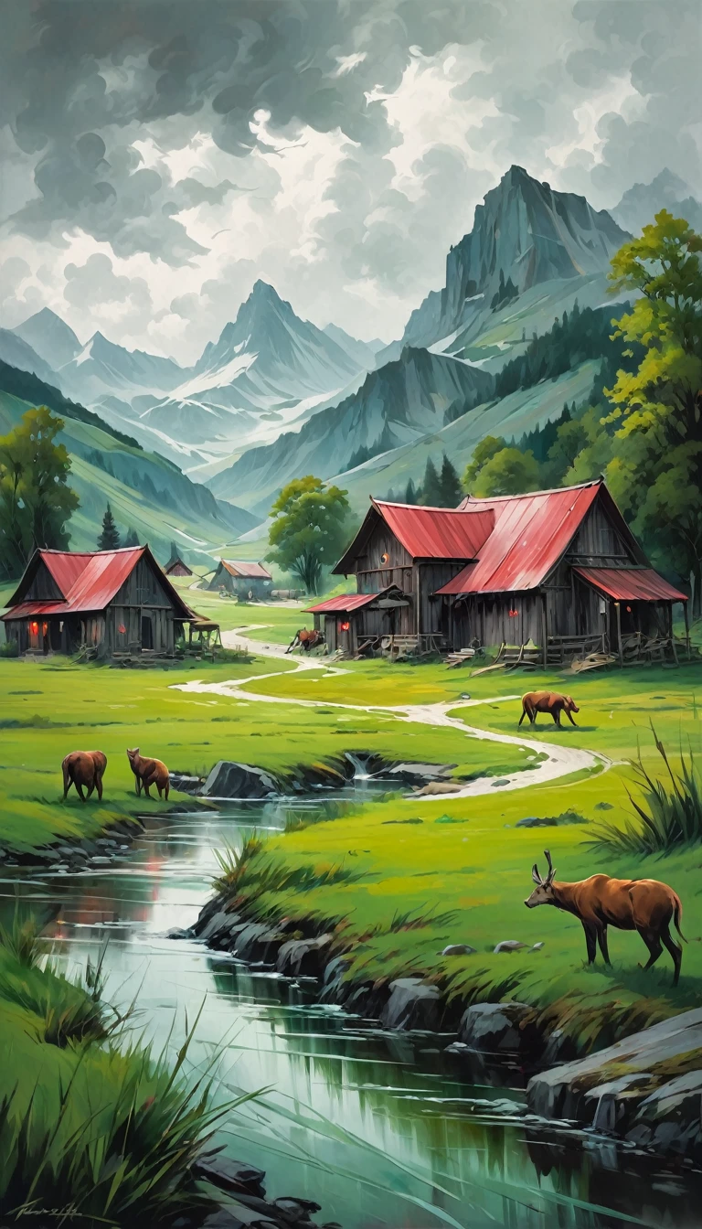 artist by Thomas Schütte,inside the village,wild animals,light tones,(smooth strokes),fine sketches,Vivid,Moody,Landscapes,Fantasy,Dark,landscape oil painting, red and green colors