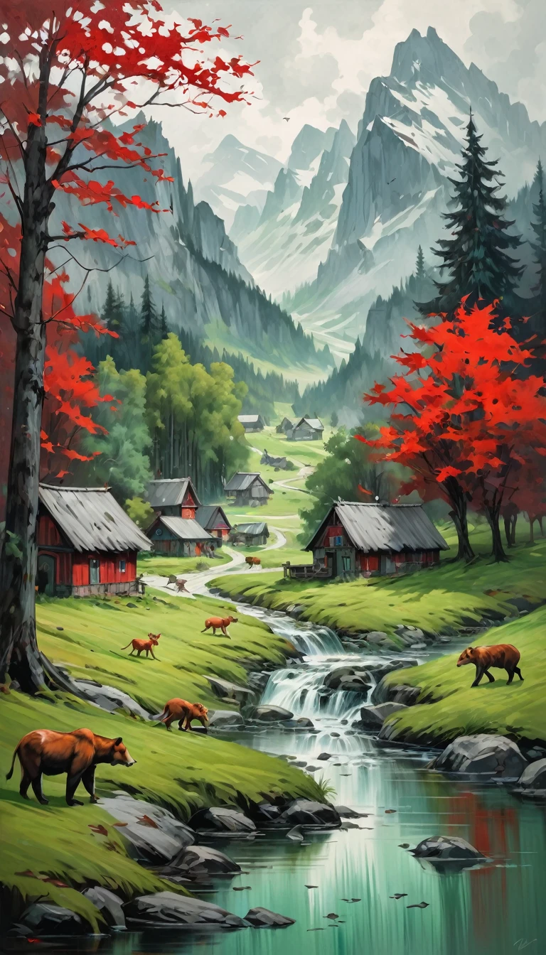 artist by Thomas Schütte,inside the village,wild animals,light tones,(smooth strokes),fine sketches,Vivid,Moody,Landscapes,Fantasy,Dark,landscape oil painting, red and green colors
