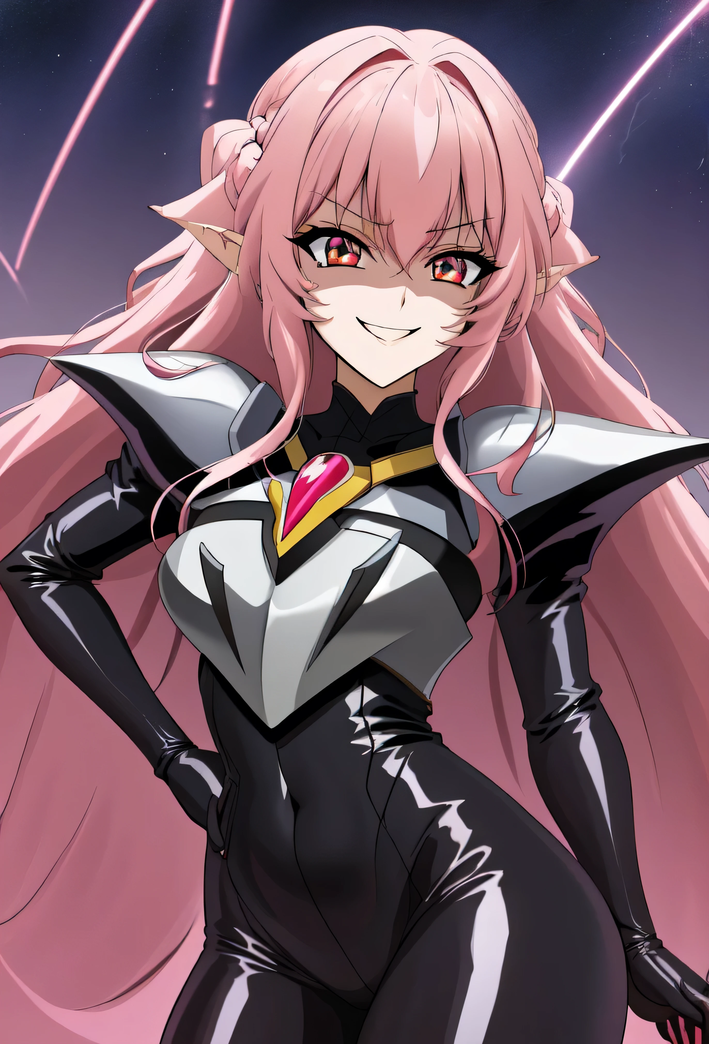 high quality, extremely detailed, perfect face, Nova, long pink hair, (black latex bodysuit), steel pauldrons, steel breastplate, long ears, evil smirk, evil laugh, medium breasts, (dark and stormy skies, lightning)(masterpiece:1.0),(Highest_quality:1.0), 超High resolution,4k,Super detailed, photo shoot, 8K, HDR, High resolution, disorganized:1.2, kodak portrait 400,raising a lightning,,Embodiment of evil,sadistic smile,deep shaded face(eyes in shadow),singlebraid,smile worst,worst ridecule,most evil moukery,,onebraid,,two hands,five fingers,dark aura background,A face full of evil,most evil ridicule