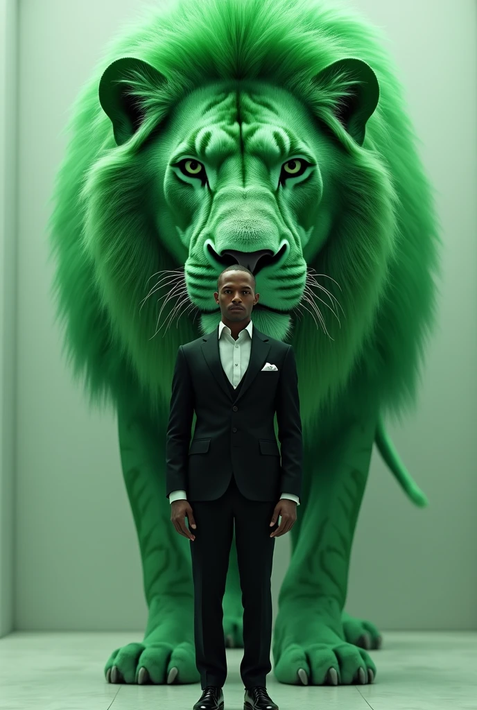 He is wearing a formal suit and in front of him is a green lion looking at the camera.