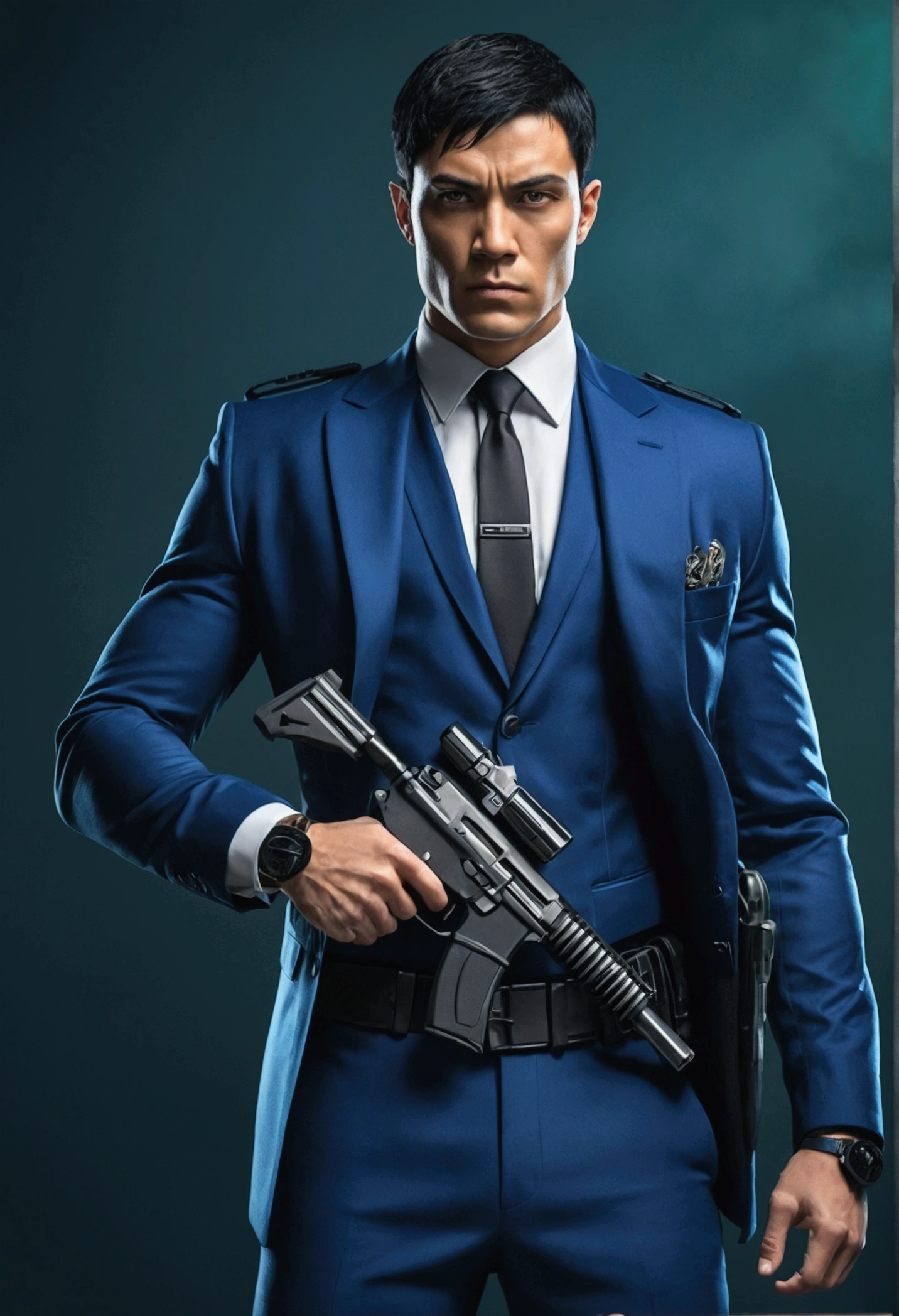Create a mystery cop, de 1,90 meters, strong and slender, like an MMA fighter, with short black hair, upset, deep dark green eyes, with a suit fitted to the body, holster with two guns under the blue suit.