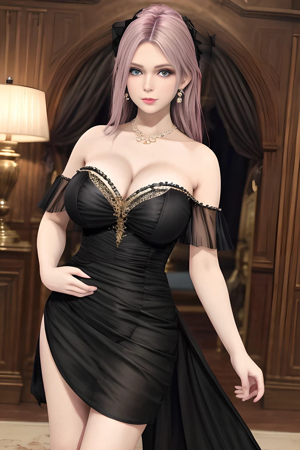 1girl ,flirtatious expression, wearing an elegant black strapless dress. The perspective-dress is beautifully designed with ruching on the bodice and a cascading ruffled asymmetrical hem, adding a playful and chic touch to the outfit. The person is standing upright, with one hand gently touching their leg and the other hand relaxed by their side. The background is plain and neutral, drawing attention to the dress itself. The lighting is soft, highlighting the details of the dress and creating a fashionable and stylish atmosphere,, huge breasts,mature women, elise