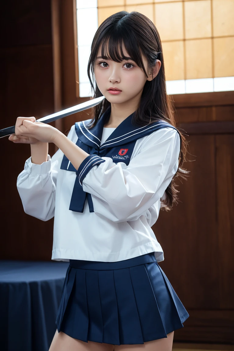 (Ultra HD, Highest quality, High resolution, Surreal, so beautiful), 24000dpi, (Holding the Japan sword, Bidirectional, Electric shock), Charge Move, Special Move Stance, All-in-one, dance, Beautiful woman, Long Tail, Well-formed eyes, greatest visual acuity, 1, Fascinating, Totally American, Perfect body, Physical Beauty, (Sailor suit, mini skirt),whole body